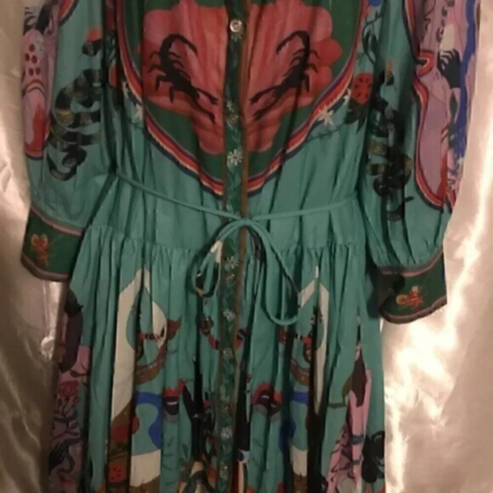 Green Colorful Art Long Balloon Sleeve Collar Button Down Midi Shirt Dress XL - Picture 7 of 16